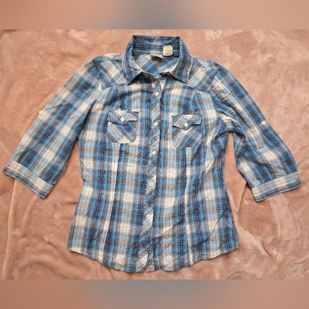 MUDD Blue Plaid Button Down 3/4 sleeve Shirt Size M